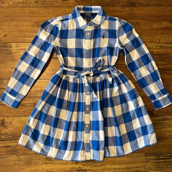 Polo Ralph Lauren Other - Polo Ralph Lauren Girls Blue/White Gingham Flannel Dress Size 6X EUC
